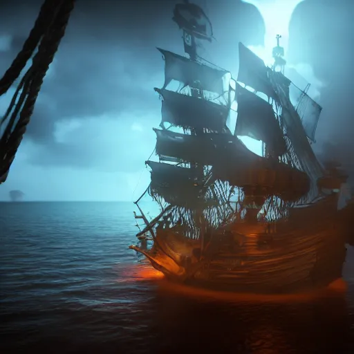 Image similar to ghost pirate ship with a pirate on the foreground, highly detailed, photorealistic portrait, bright studio setting, studio lighting, crisp quality and light reflections, unreal engine 5 quality render