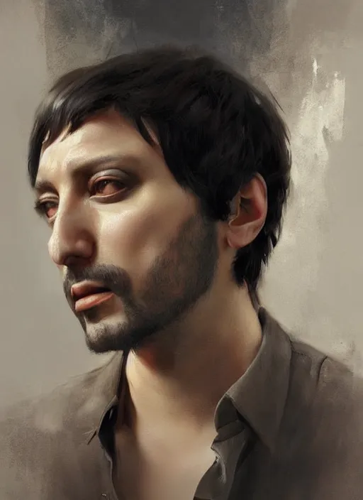 Prompt: italian singer fabrizio de andre, elegant, realistic, digital painting, concept art, smooth, sharp focus, illustration, by ruan jia and mandy jurgens and artgerm and william - adolphe bouguerea