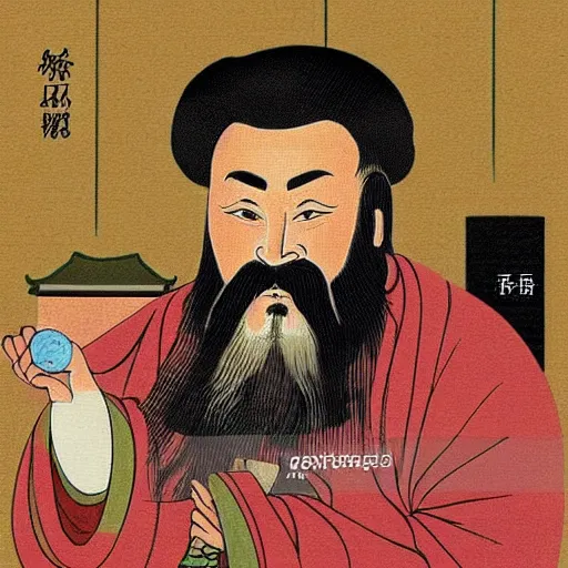 Prompt: confucius, lao tzu, jesus drinking tea in a chinese tea house, happy, smiling, fist bumping