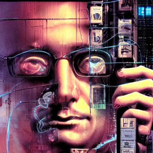 Image similar to Case from the novel Neuromancer, addicted, heavy smoker, portrait shot, wires, cyberpunk, movie illustration, poster art by Drew Struzan