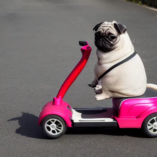 Image similar to a morbidly obese pug riding a mobility scooter, high resolution photo