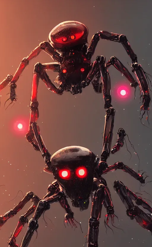 Image similar to a robot humanoid spider in a city, with 4 arms with claws, glowing red eyes, in a black carbon and red fiber armor, smiling creepily, dynamic lighting, photorealistic fantasy concept art, trending on art station, stunning visuals, creative, cinematic, ultra detailed