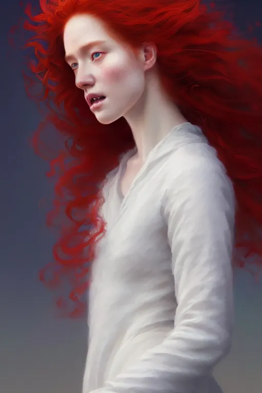 Image similar to portrait of a beautiful nordic woman, curly red hair, wearing a white dress, extremely detailed digital painting, in the style of fenghua zhong and ruan jia and jeremy lipking and peter mohrbacher, mystical colors, rim light, beautiful lighting, 8 k, stunning scene, raytracing, octane, trending on artstation