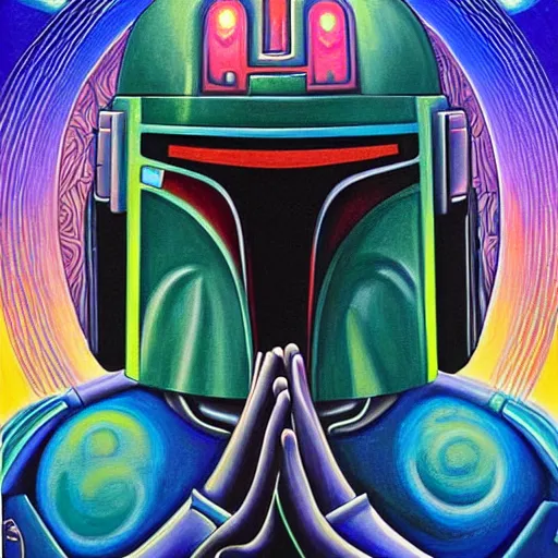 Image similar to a painting of elegant boba fett praying designed by alex grey, flooko, etheral, glows,