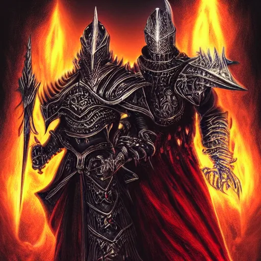 Image similar to double portrait the great death knight dark souls in golden red armor made of polished dragon bones looks relaxed, quantum physics, victorian era