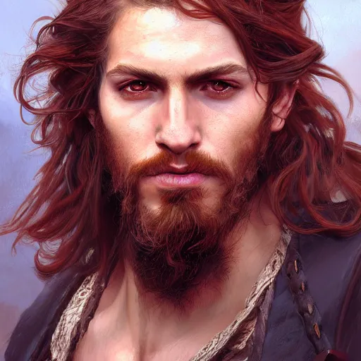 Image similar to portrait of a young rugged pirate, male, masculine, upper body, red hair, long hair, soft hair, D&D, fantasy, intricate, elegant, highly detailed, digital painting, artstation, concept art, matte, sharp focus, illustration, art by Artgerm and Greg Rutkowski and Alphonse Mucha