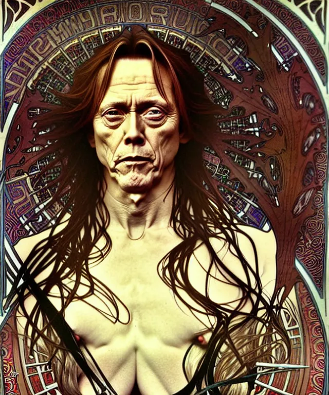 Prompt: realistic detailed head and shoulders portrait of christopher walken by alphonse mucha, ayami kojima, amano, greg hildebrandt, and mark brooks, male, art nouveau, neo - gothic, gothic