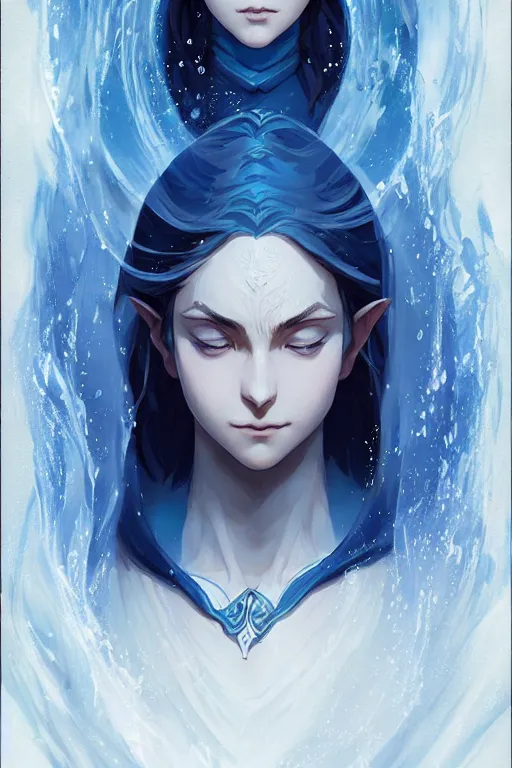 Image similar to elvish female sorcerer doing water magic spells, blue robes, red hair, finely detailed perfect face, exquisite details, mid view, design on a white background, by studio muti, greg rutkowski makoto shinkai takashi takeuchi studio ghibli