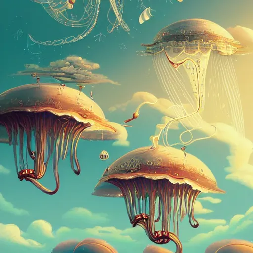 Image similar to Flying machine with jellyfish in the sky flying over desert and ocean, inspired by Cyril Rolando, David Wiesner, ornate, intricate, emitting light ornaments, trending on artstation, volumetric lighting, CGsociety, alizarin red, brick red, burgundy color, dull red, gray color, olive color, red and green, scarlet, shades of green, shades of red, swamp green, terracotta red