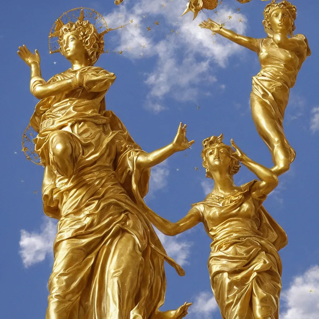 Prompt: statue, saint Woman, Venus, Athena, beautiful, gracious, baroque marble and gold in space, sistina, stars, clouds