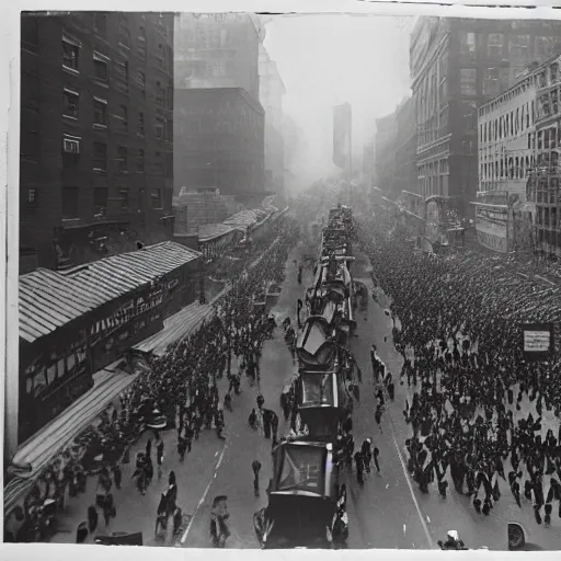 Prompt: old black and white photo, 1 9 1 3, depicting a kaiju rampaging through the bustling streets of new york city, historical record