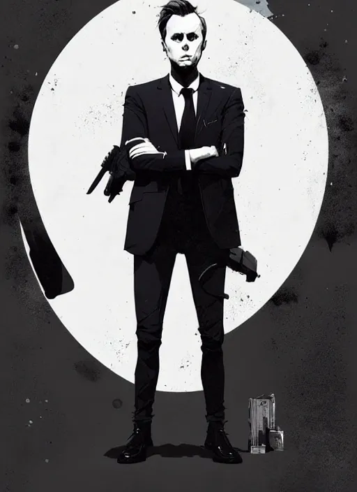 Image similar to highly detailed closeup portrait of martin wallstrom, tyrell wellick, slick back hair wearing suit by atey ghailan, by greg rutkowski, by greg tocchini, by james gilleard, by joe fenton, by kaethe butcher, gradient blue, black and white color scheme, grunge aesthetic!!! ( ( graffiti tag wall background ) )