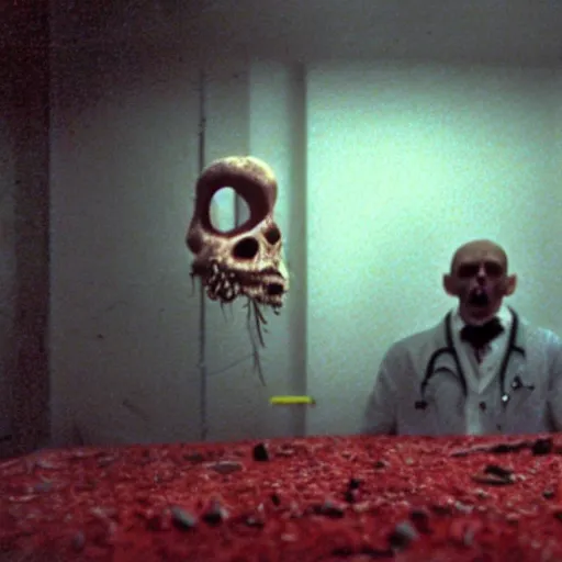 Image similar to filmic extreme wide shot dutch angle movie still 35mm film color photograph of a doctor with a missing head, his neck is spurting blood, in the style of an realistic grotesque horror film