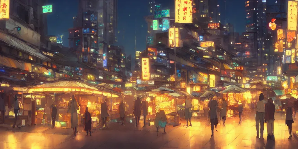 Image similar to Night downtown, all kinds of vendors, lighting, lively, atmosphere joyful, fine, high quality, by Makoto Shinkai