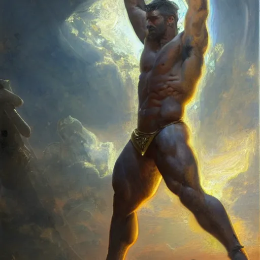 Prompt: handsome portrait of a spartan king bodybuilder posing, radiant light, caustics, heroic fire, by gaston bussiere, bayard wu, greg rutkowski, giger, maxim verehin