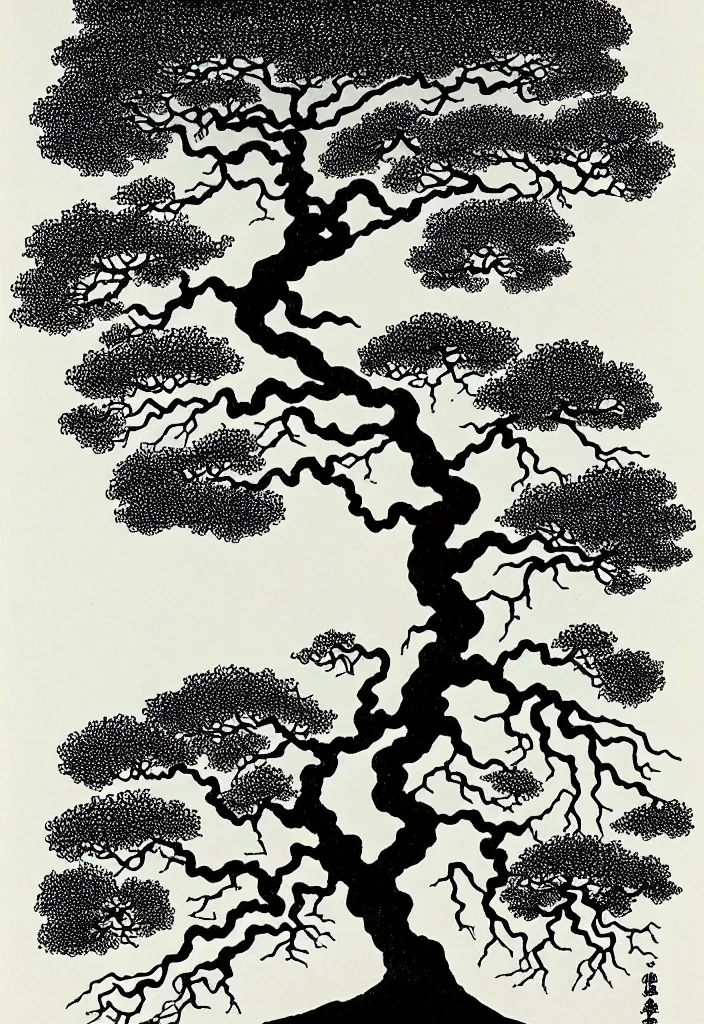 Image similar to prompt: magical white skeleton Bonsai tree roots merging into big moon drawn by Rene Magritte, Japanese woodblock print style, clean ink detailed line drawing, intricate detail, manga 1990