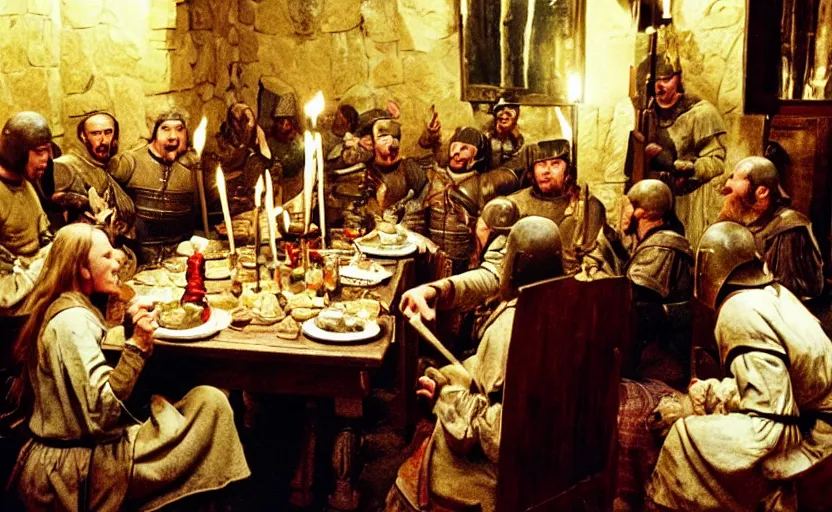 Image similar to Medieval soldiers in a Tavern sitting around a big dinner table with candles in the shining by stanley kubrick, shot by 35mm film color photography