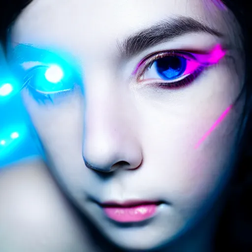 Image similar to prompt, translucent, thunder, modelsociety, radiant skin, huge anime eyes with laser rays, rtx on, perfect face, intricate, sony a 7 r iv, symmetric balance, polarizing filter, photolab, lightroom, 4 k, dolby vision, photography award