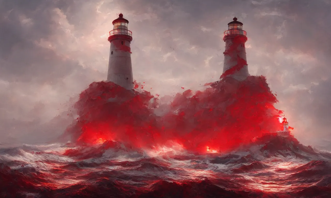 Image similar to a beautiful painting of a lighthouse shining it's light across a violent tumultuous sea of red blood by John Blanche and Greg Rutkowski, trending on Artstation, midjourney