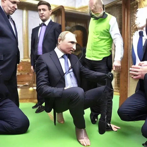 Prompt: Putin stay on knees like dog in cage and Zelenskiy feed him