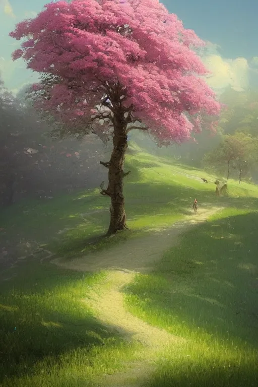 Prompt: a beautiful painting of a tree with pink flowers on a green hill by greg rutkowski and thomas kinkade, trending onartstation