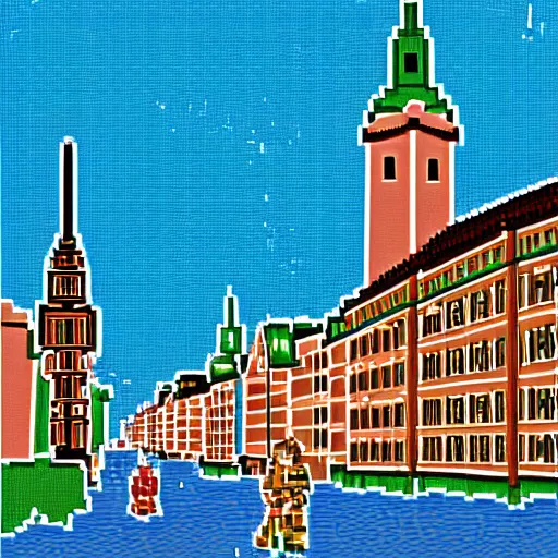 Image similar to pixel art of stockholm, gamla stan,