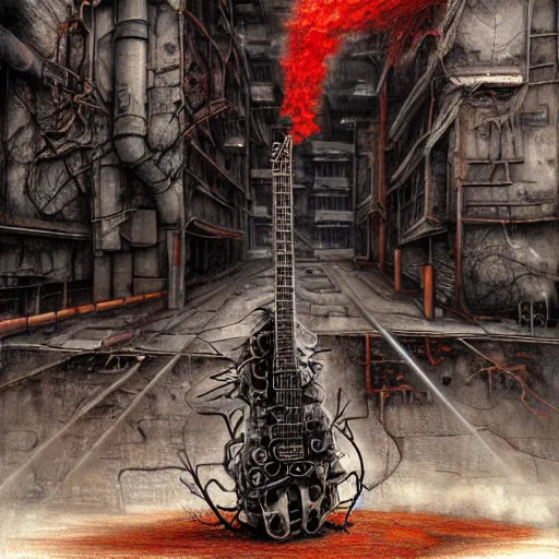 Image similar to flamethrower guitar robot standing in ruined street by Yoshitaka Amano, by HR Giger, biomechanical, 4k, hyper detailed, hyperrealism, anime, a Blood Moon rising on a Broken World, deviantart, artstation