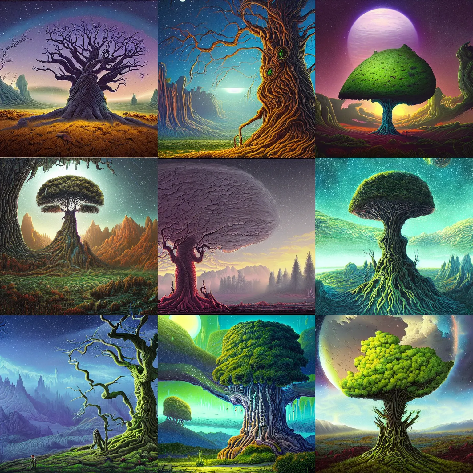 Prompt: a masterpiece! matte painting of a beautiful! tree in an alien landscape, by Pail Lehr and Dan Mumford