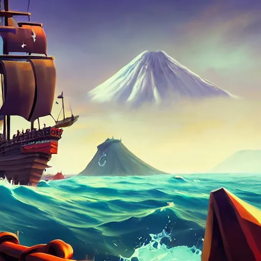 Image similar to a melting pirate on a ship on a scorching hot ship, volcano in the background, d & d, sea of thieves, fantasy digital painting, trending on artstation, concept art, sharp focus, illustration, global illumination, ray tracing, realistic shaded, art by artgerm and greg rutkowski and fuji choko and viktoria gavrilenko and hoang lap