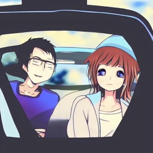 Prompt: two people sitting next to each other in a car, camera view shot from low inside the door of the car, anime style