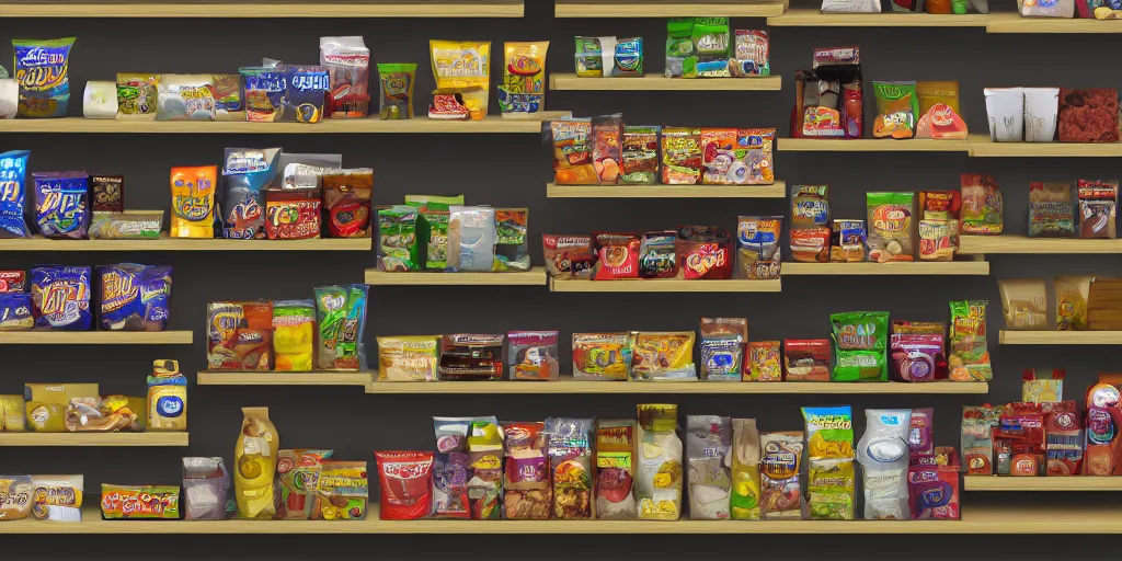 Prompt: Shelves lined with snacks, 4K texture for Unity, photorealistic