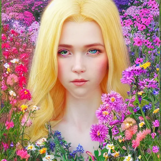 Image similar to A beautiful elf goddess with long blonde hair in a detailed floral dress, in front of a vivid field of flowers, by Larry Elmore, Tom Bagshaw, Viktoria Gavrilenko, Ilya Kuvshinov, Shin JeongHo, kiernan shipka