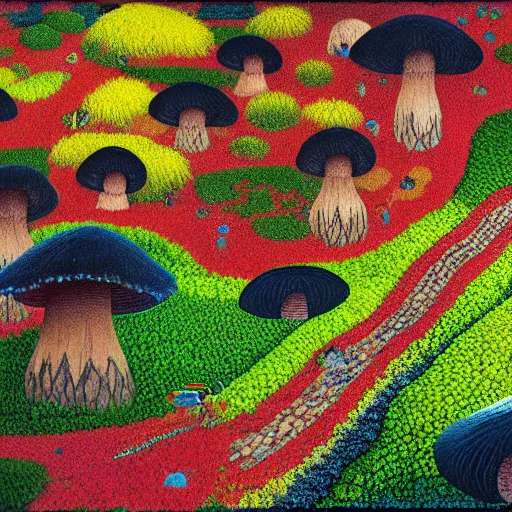 Prompt: painting of a colorful fungus garden in a cave, top-down view, Hiroo Isono, dark, foggy, shy beetles