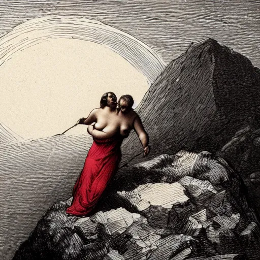 Image similar to Sisyphus carrying a fat lady on his shoulders up a mountain in hell, by Gustave Dore, rich colors, dark red orange brown black color palette