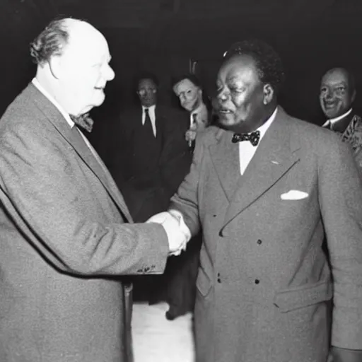 Prompt: 26 year old black man meeting Winston Churchill for the first time, old photo