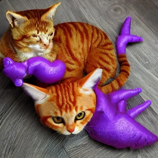 Image similar to tiny adorable purple fantasy dragon cuddles an orange tabby cat, realistic, orange tabby cuddles purple dragon, award - winning photography