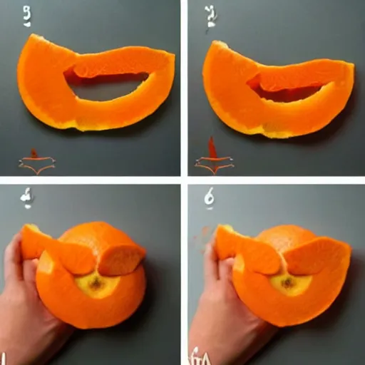 Prompt: making of an edible giraffe from an orange step by step, starting from the firs step, a whole orange, each step is a progression