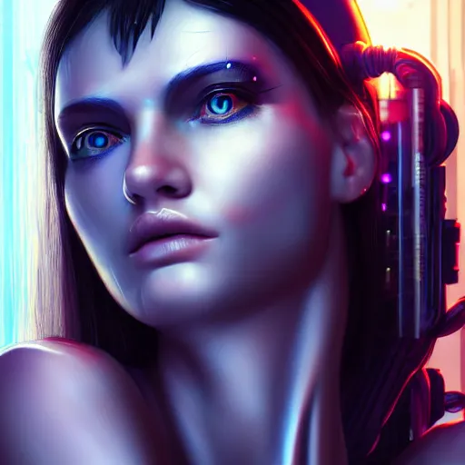 Prompt: realistic detailed portrait of Cyberpunk woman, portrait, Cyberpunk, Sci-Fi, science fantasy, glowing skin, full body, beautiful girl, extremely detailed, sharp focus, model