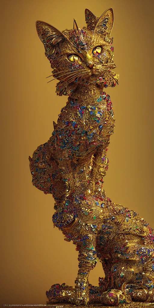 Prompt: A photo-real delicate sculpture of an ornate cat in front of an intricate background by AJ Fosik, Micro detail, backlighting, octane renderer, colorful, physically based render