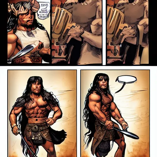 Image similar to a detailed illustration of conan the barbarian working as a barista marvel comics art style