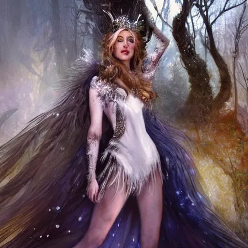 Image similar to hyperrealistic portrait of a woman as amber heard as the winter witch at her frost palace while enchanting a spell wearing white swan dress long feathers and sapphire jewellery by jeremy mann and alphonse mucha, fantasy art, photo realistic, dynamic lighting, artstation, poster, volumetric lighting, very detailed faces, 4 k, award winning