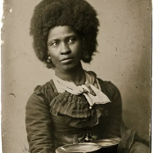 Prompt: afro woman on a cafe in paris, 1 8 0 0 s