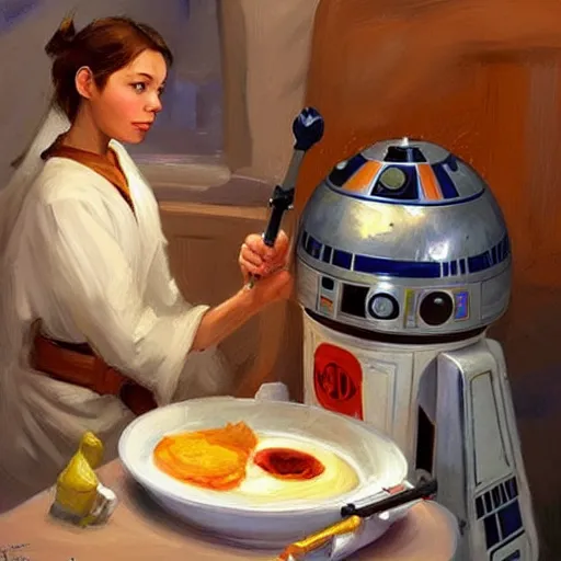 Image similar to Star wars battle droid making breakfast, painting by Vladimir Volegov