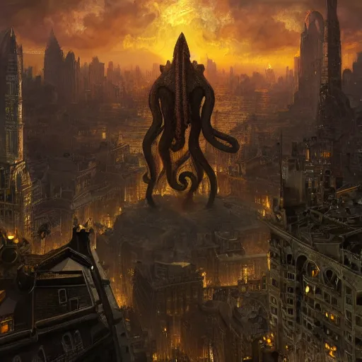 Image similar to cthulhu towering over a city, volumetric lighting, 8 k octane beautifully detailed render, post - processing, extremely hyper - detailed, intricate, epic composition, cinematic lighting, masterpiece, trending on artstation, detailed detailed detailed, masterpiece, stunning art by anders zorn, wonderful masterpiece by greg rutkowski, beautiful cinematic light,