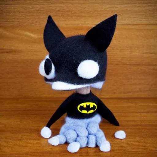 Prompt: cute sock puppet fox dressed as batman, kawai, wool, photorealistic, very detailed, eating crayons, 4 k