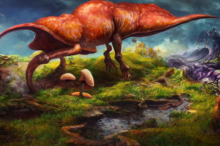 Image similar to highly detailed oil painting of a mushroom tyrannosaurus rex in a steaming colorful hotspring, featured on artstation