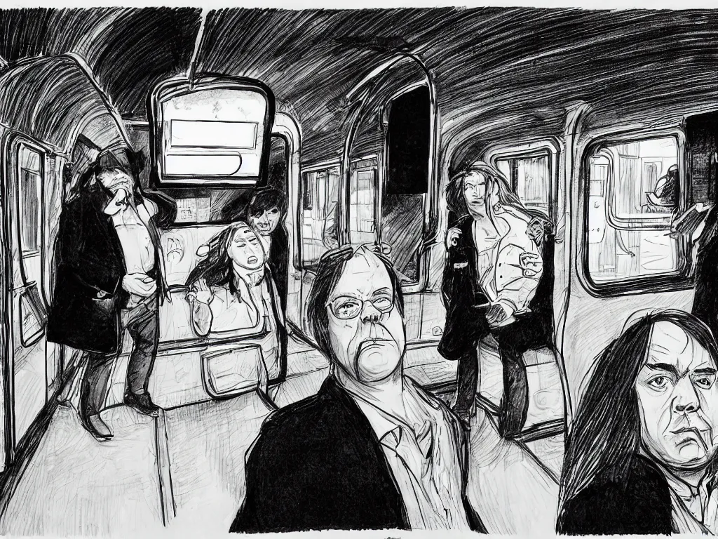 Prompt: a pen and ink drawing by Jaime Hernandez, a low angle medium shot of two people sitting in an empty Chicago subway train, in front of windows: a sad Aubrey Plaza wearing a winter coat and a man who looks like a mix of (Louis CK and Philip Seymour Hoffman) in a suit