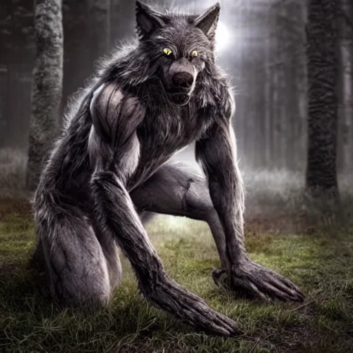 Image similar to photo of a human partially transforming into a werewolf, in the moonlit forest. physiological transformation ; hybrid creature. highly - detailed ; photorealistic.