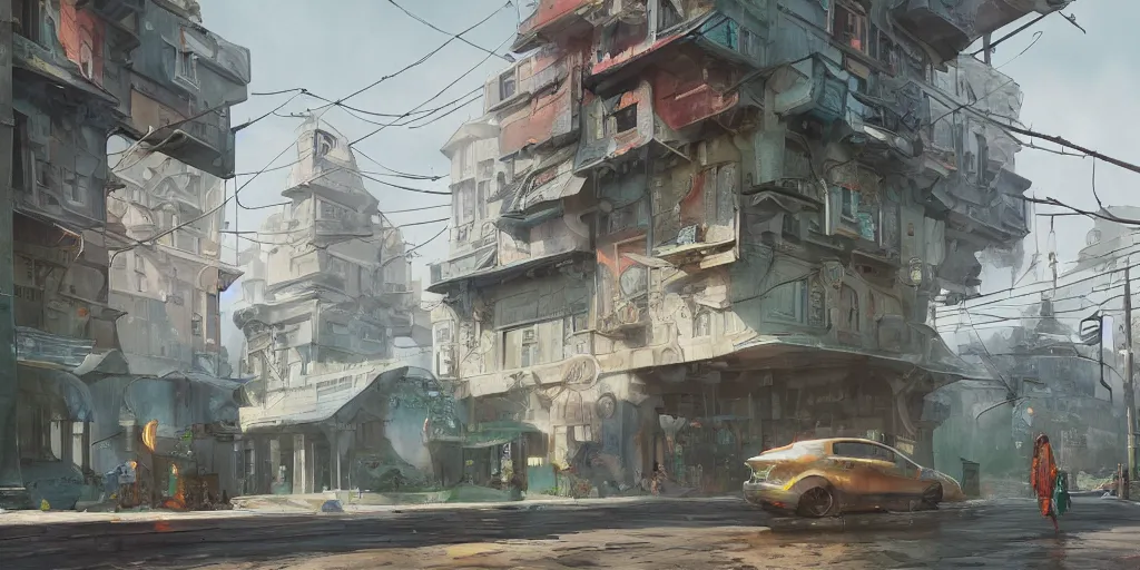 Prompt: stylized, exterior, architecture, in watercolor gouache detailed paintings, raytracing, arcane, insanely detail, artstation, 8 k, futuristic, big medium small, simon stalenhag, props, furniture and decor, octane render, cinematic, screenshot, james gurney, ruan jia, comic style, stormy, rainy, misty