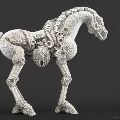 Image similar to biomechanical horse made of marble and crystal, fractal 3 d structure, intricate details, octane render, soft lighting